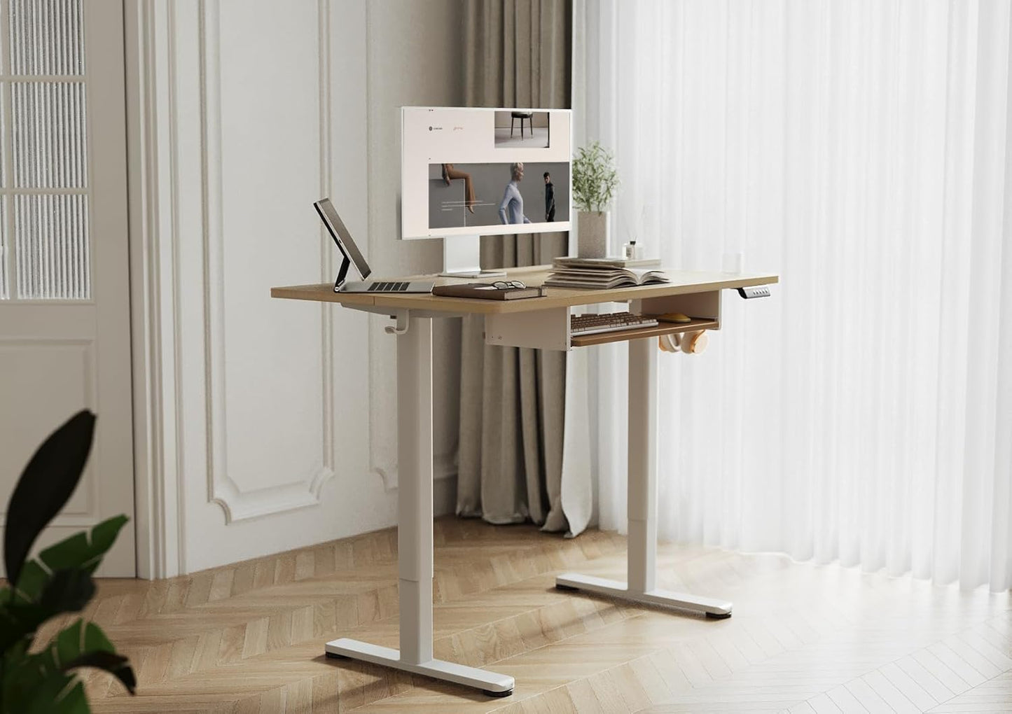 YDN Standing Desk, Height Adjustable Computer Desk with Keyboard Tray, 48 Inch Natural Ergonomic Desk for Home Office and Gaming