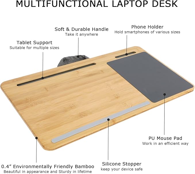 SUMISKY Laptop Lap Desk with Cushion Protable LapDesk with Handle Tablet Support Phone Holder and Mouse Pad Oversized Bamboo Laptop Stand for Sofa Fits Up to 17 Inches