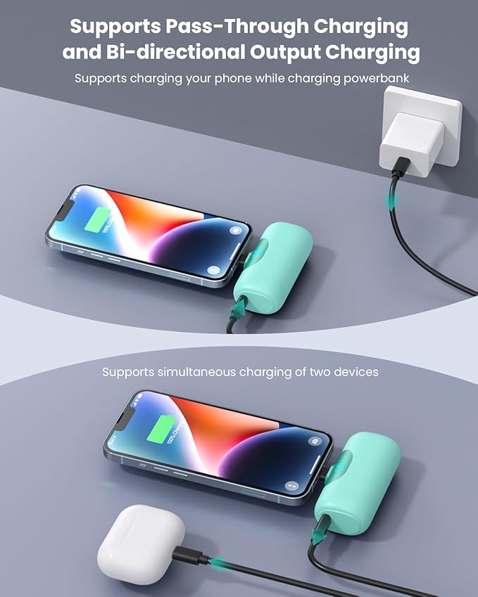 Mini Portable Charger for iPhone,Upgraded 22.5W PD Fast Charging 5500mAh Ultra-Compact Power Bank,LCD Display Plug-in Cute Battery Pack Travel Essentials for iPhone 14/14Pro/13/12/11/X/8/7/6 (Green)