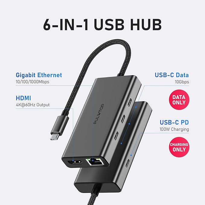 USB C Hub 10Gbps, PULWTOP USB 3.2 Adapter with 3 USB-C 3.2 Ports, 4K 60Hz HDMI, Ethernet, 100W PD in, High Speed Multiport Splitter for MacBook Pro, MacBook Air, Dell and More