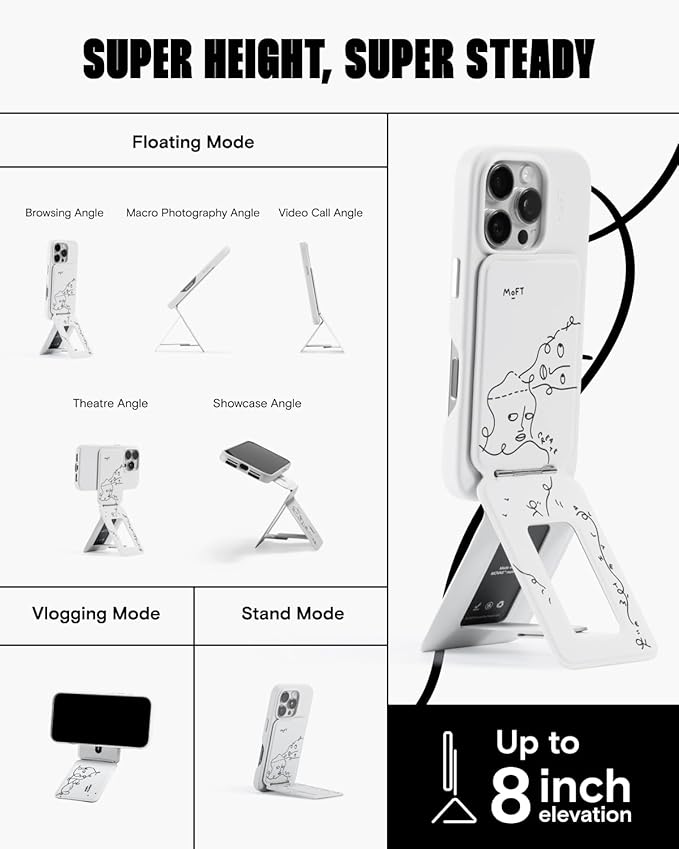MOFT Phone Tripod Stand Selfie Stick x Shantell Martin for iPhone, Multi-Angles iPhone Stand, Lightweight & Portable Phone Holder, Strong Magnets, MOVAS Vegan Leather, Misty Cove (Without Card Slot)