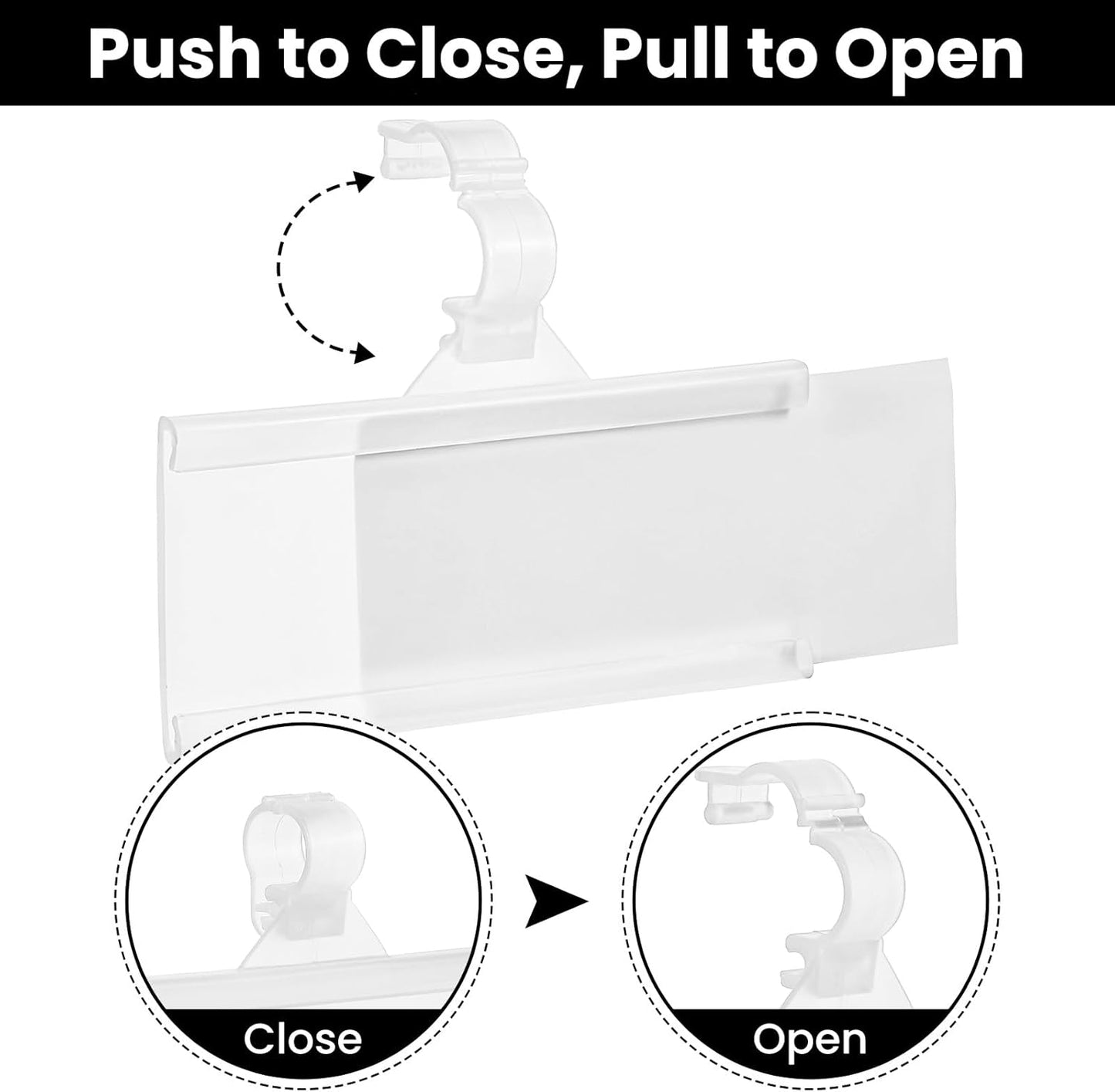 100 Pcs Reusable Plastic Wire Shelf Label Holder, for Pantry Retail Shopping Mall Store, Supermarket UPC Price Card & Ticket Display, Strong & Easy Clip Design Tight Snap Lock Closure. 1-1/4" H X 3" W