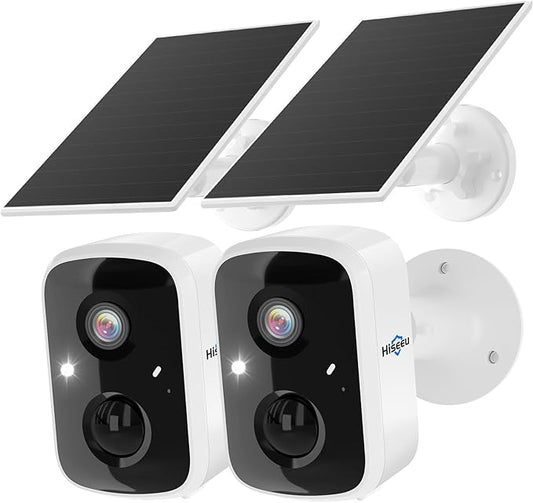 Hiseeu Solar Security Cameras Wireless Outdoor 2 Pack, Battery Powered 3K 4MP wifi Cameras for Home Surveillance, PIR/AI Motion Detection, Waterproof, Color Night Vision, 2-Way Audio, Cloud/SD Storage