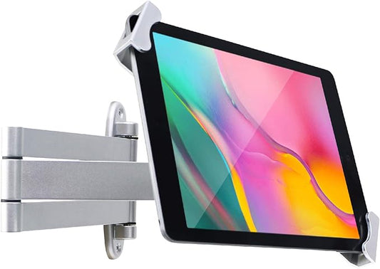 Tablet Wall Mount Holder with fold,Extend Adjustable Arm Swivel &Anti Theft Security Lock &Key, Multi Angle,Bracket for Most 7 to10.8 Inch,for iPad 10.9&11,Galaxy tab,& More(Silver)