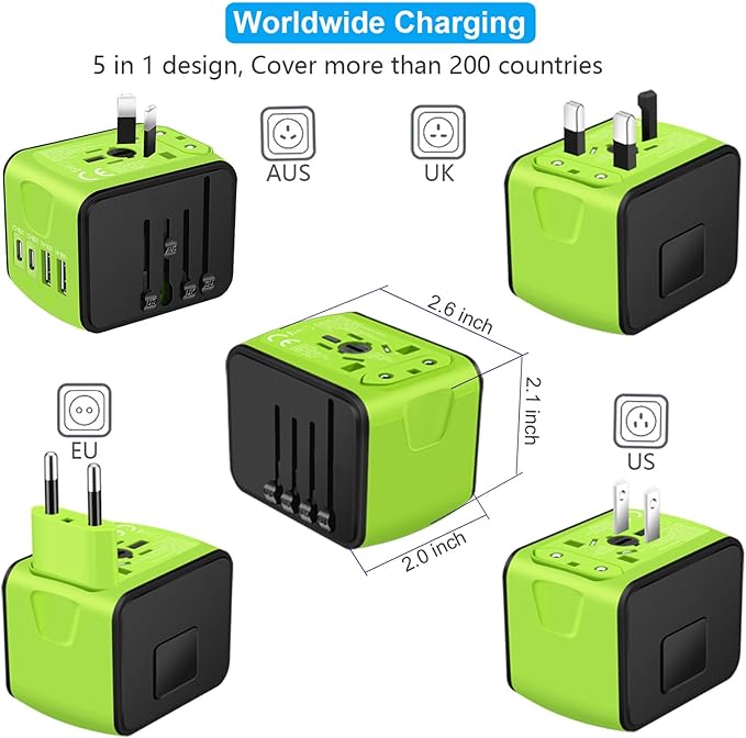 Travel Adapter Worldwide, Universal International Power Plug Adapter W/2.4A 2xUSB-A and 3.0A 2xType-C Wall Charger, European Travel Plug Adapter for Europe UK EU US CA AU Italy Asia-Green