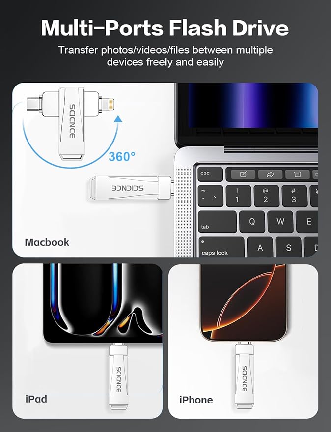 SCICNCE 512GB Flash Drive Intended for iPhone, USB Memory Stick Storage Backup for Photos Videos, Plug and Play No APP Required, Compatible with iPhone iPad Android and Computers (Metal Silver)