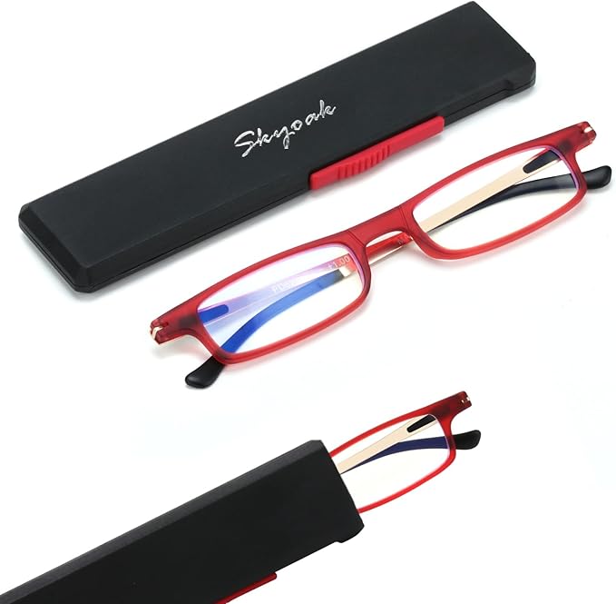 SKYOAK Ultra thin Lightweight Folding Reading Glasses Women Men TR90 Blue Light Blocking Anti UV/Eyestrain Foldable Compact Computer Readers Portable Unique Stretchable Slim Flat Case Red +2.5