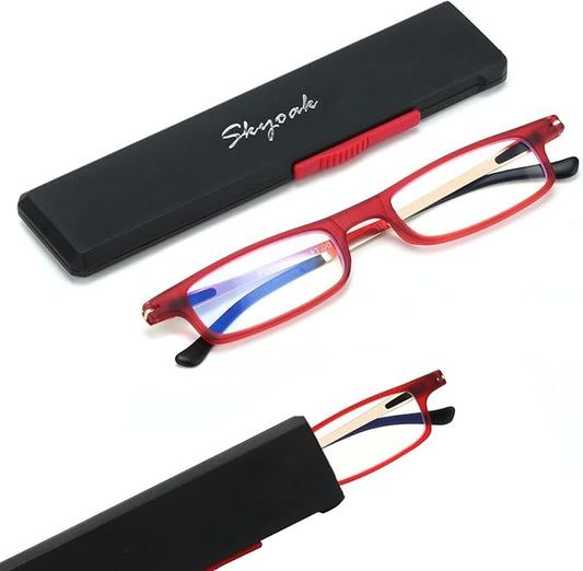 SKYOAK Ultra thin Lightweight Folding Reading Glasses Women Men TR90 Blue Light Blocking Anti UV/Eyestrain Foldable Compact Computer Readers Portable Unique Stretchable Slim Flat Case Red +2.75