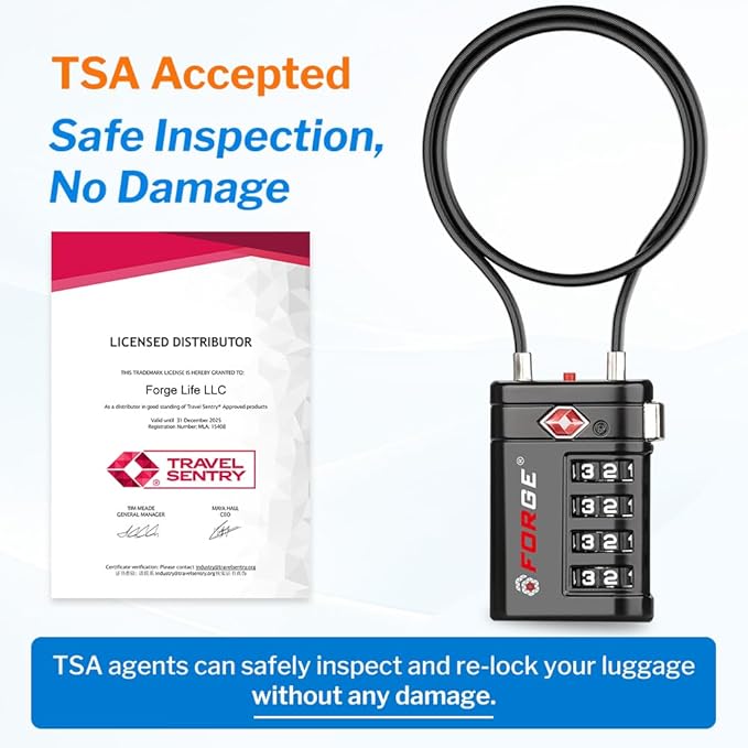 Forge TSA Approved Luggage Locks 4 Digit Combination TSA Travel Locks with TSA008, Open Alert Indicator, Zinc Alloy Body for Luggage, Suitcase, Backpack, and More. 1 15'' Cable Locks.