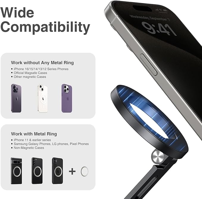 elitehood Magnetic Magsafe Tripod Phone Mount Holder, Foldable Phone Holder for Tripod Attachment with 1/4” Screw & Cold Shoe, All Aluminum iPhone Mount Adapter for Recording Shooting Vlogging