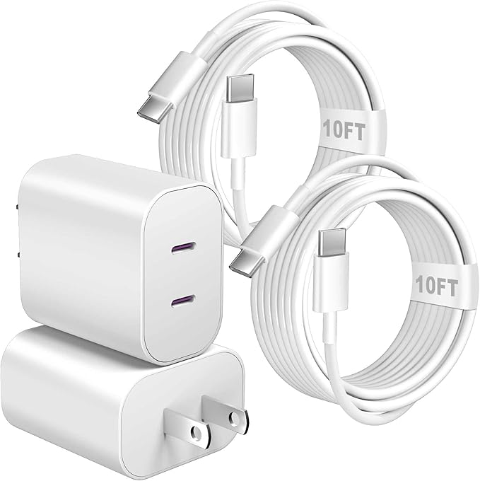 iPhone 17 16 Charger,20W Dual Port Type C Charger Fast Charging Block,2Pack Double USB C Phone Chargers 10FT Long USB C Cord for iPhone 17/17 ProMax/17 Pro/17 Air/16 ProMax/16 Pro/16e/15 ProMax/15 Pro