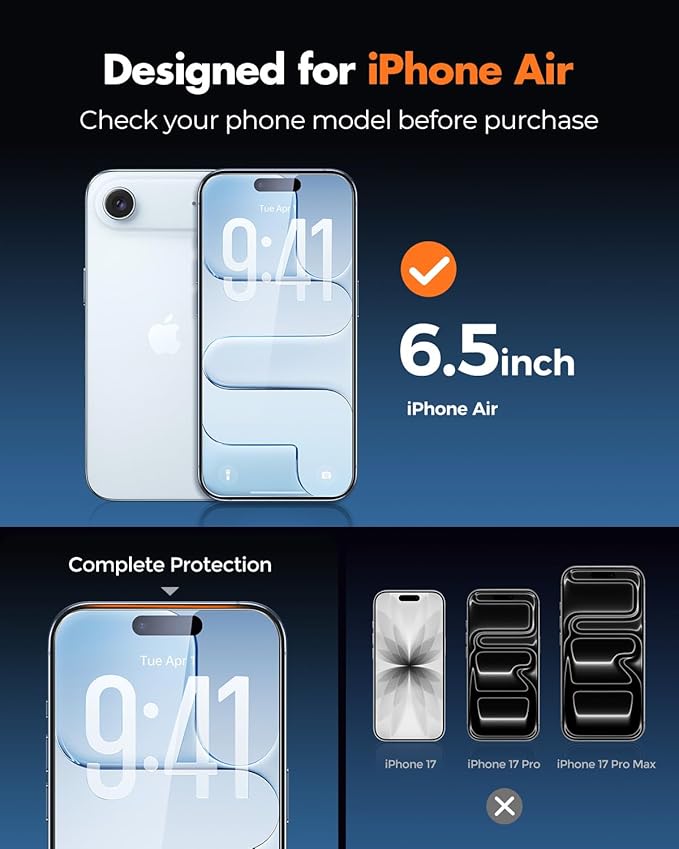 UNBREAKcable 3-Pack Screen Protector for iPhone Air, Double Shatterproof Tempered Glass [Easy Installation Frame] [9H Hardness] [99.99% HD Clear] [Case Friendly] for iPhone 6.5 inch