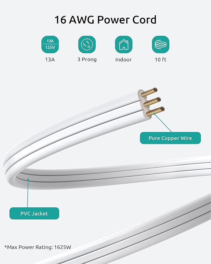 Extension Cord Flat Wall Plug 10ft, NUTICT Indoor 3 Prong Long Cord Extension with 900J Surge Protector, 13A/1625W, 16 AWG, Ultra-Thin Low Profile Right Angle Flat Plug, Behind Bed Sofa Dresser, White