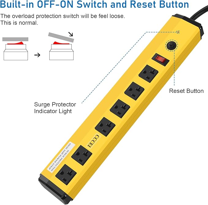 CCCEI Heavy Duty Power Strip Surge Protector 20 Amp, High Amp Industrial Shop Garage Metal Multiple Outlets, 6 FT 12 Gauge 5-15P Extension Cord 6 Outlet 6-20R T-Slot 20a for Appliance, Yellow.