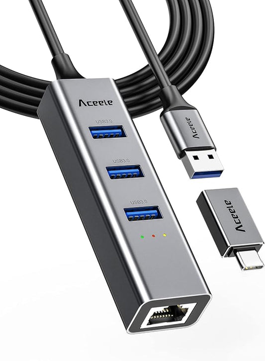 Aceele USB C to Ethernet Adapter, 3.3ft Long Cable, Aluminum USB-C Hub with 4 USB 3.0 Ports, Thunderbolt 3/USB-C to RJ45 Gigabit Ethernet LAN Network Adapter Multiport for MacBook Pro/Air, iPad Pro
