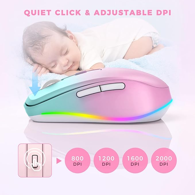 PEIOUS Wireless Mouse Jiggler - LED Wireless Mice with Build-in Mouse Jiggler Mover, Rechargeable Moving Mouse for Computer with Undetectable Random Movement Keeps Computer Awake - Gradient Pink