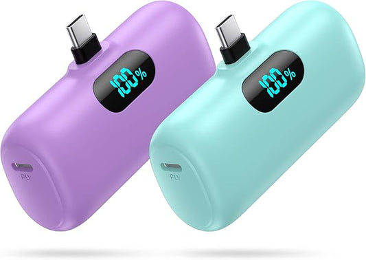 [2-Pack] Mini Portable Charger 5000mAh Power Bank,3A PD USB C Cell Phone Portable Power, LCD Display Battery Pack Compatible with iPhone 16/15/15 plus/15 pro/15 pro Max/Android/Samsung/Moto/LG etc