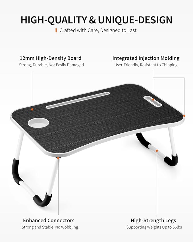 Foldable Laptop Table, Portable Lap Desk Bed Table Tray, Laptop Stand with Cup Holder & Tablet Slot & Lifting Handle for Working Writing Drawing & Eating (Black)