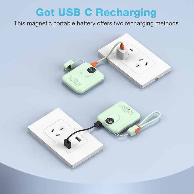 Small Magnetic Power Bank,5000mAh Mag-safe Battery Pack with 20W Fast Charging Detachable USB C&iOS cable,with LED Display,Slim Wireless Portable Charger for iPhone16/15/14/13/12 Series (Green)
