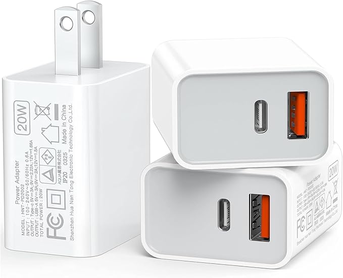 USB C Wall Charger Block 20W, 3-Pack Dual Port PD Power Delivery Fast Type C Charging Block Plug Adapter for iPhone 12/13/14/15/16/17/Pro Max, XS/XR/X, iPad Pro, AirPods Pro, Samsung Galaxy(White)