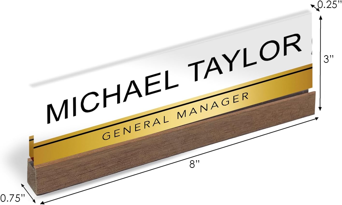 Artblox Personalized Office Desk Name Plate with Business Card Holder | Clear Acrylic Glass with Teak Wood Stand | Gold Stripe Design Customized with Your Name and Credentials Office Desk Décor