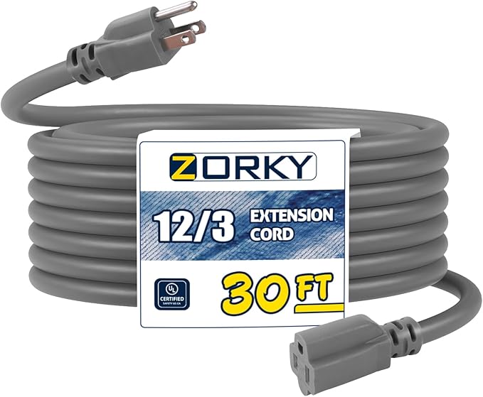 30ft Indoor Outdoor Extension Cord - 12/3 SJTW Heavy Duty Extension Cable with 3 Prong Grounded Plug for Safety -15Amp 1875W Gray Electric Cord Great for Garden, Appliances