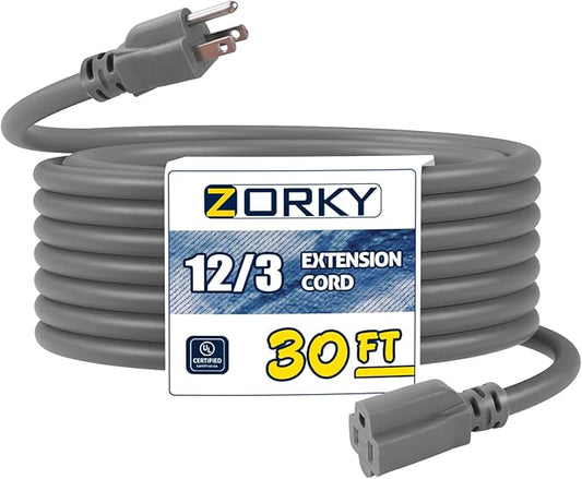 30ft Indoor Outdoor Extension Cord - 12/3 SJTW Heavy Duty Extension Cable with 3 Prong Grounded Plug for Safety -15Amp 1875W Gray Electric Cord Great for Garden, Appliances
