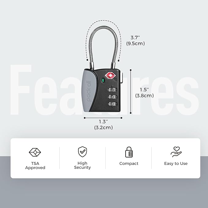 pack all TSA Approved Cable Luggage Locks, 3 Digit Combination Padlocks, Travel Lock for Suitcases & Bag, Alloy Body, Travel Accessories (1 Pack)（Grey）