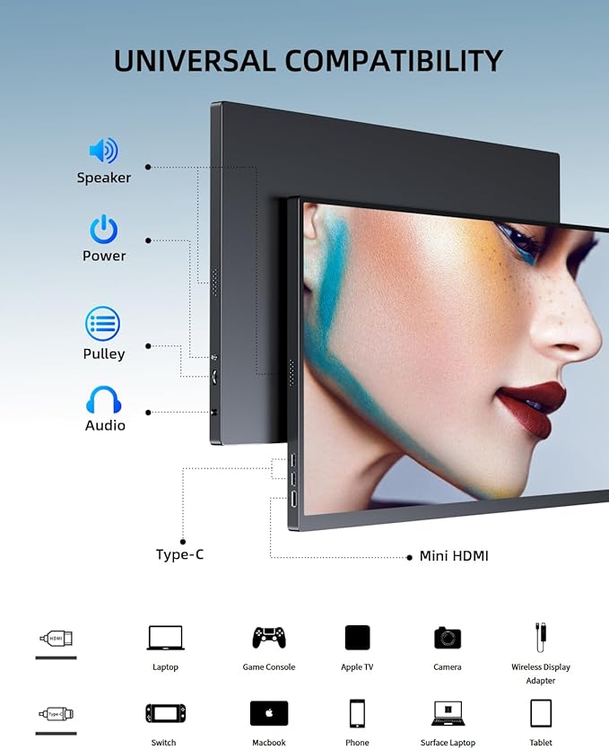 UPERFECT Portable Monitor 18.5 inch 120Hz 100% sRGB 1080P Portable Laptop Display w/Smart Cover, VESA & Speakers, Frameless IPS HDR Gaming Monitor USB-C HDMI Travel Second Monitor