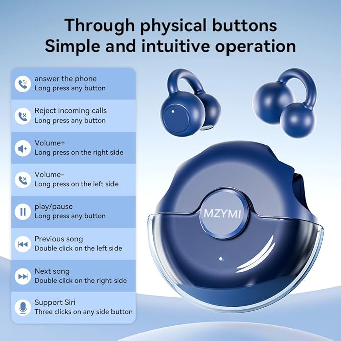 Open Ear Earbuds, Bluetooth 5.4 Clip On Headphones,with Mic, 56H Playtime, IPX5 Waterproof, Clip-On Fit, Clear Audio, for Small Ears, Workout Sports Running(Dark Blue)