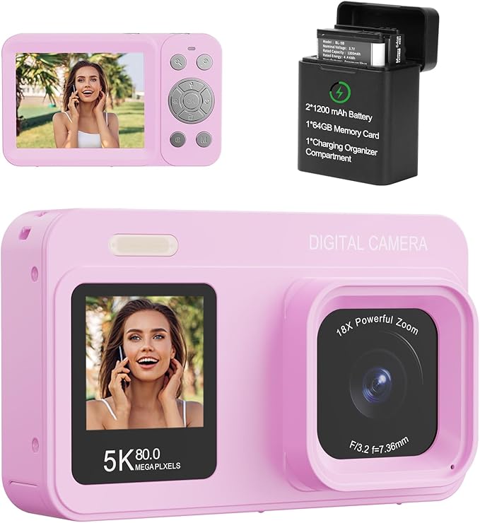 Upgraded 5K Dual Screen Digital Camera,80MP Vlog Photography Camera for YouTube,Campus,Travel,Compact Point & Shoot Camera for Teens & Beginners with Autofocus,18x Zoom,Anti-Shake,Purple