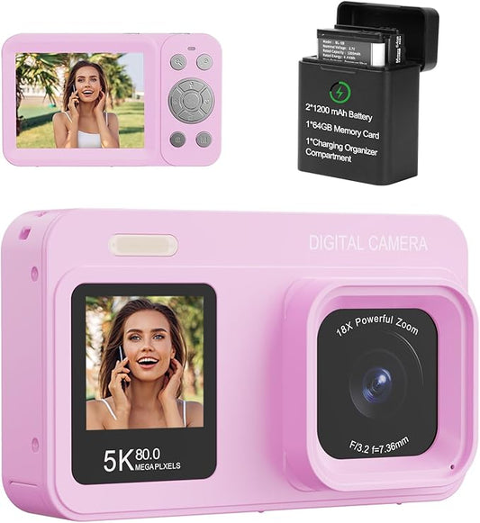 Upgraded 5K Dual Screen Digital Camera,80MP Vlog Photography Camera for YouTube,Campus,Travel,Compact Point & Shoot Camera for Teens & Beginners with Autofocus,18x Zoom,Anti-Shake,Purple