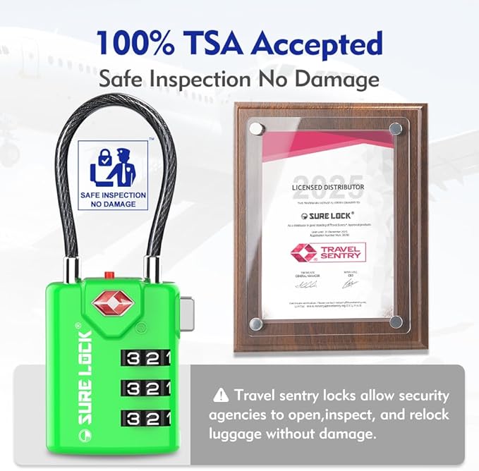 SURE LOCK TSA Compatible Travel Luggage Locks, Inspection Indicator, Easy Read Dials TSA Approved with Zinc Alloy Green 4PACK