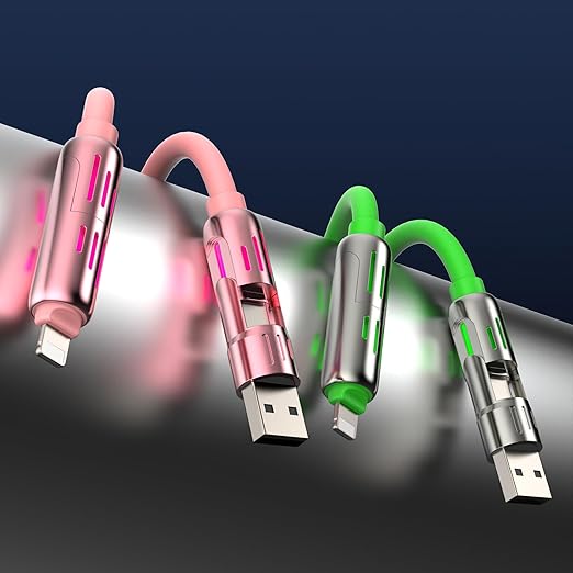 MFish 240W 4-in-1 Universal USB Charging Cable [2 Pack, 6.6ft] – Fast Charger Cord with USB-A, Dual USB-C & Lighting, for iPhone 14/15/16 Series, iPad & MacBook & More (2PACK, Pink+Green, 6.6Ft)