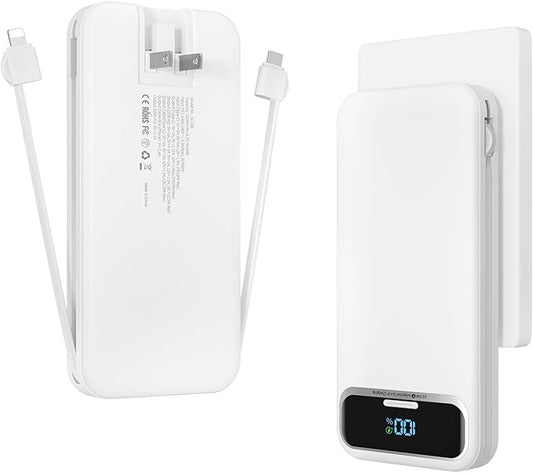 12000mAh Lightweight-Portable-Charger-Power-Bank with Built-in Cables and AC Wall Plug, PD20W USB-C Fast Charging Battery Pack, LED Display External Travel Phone Charger for All iPhone,Samsung,Android