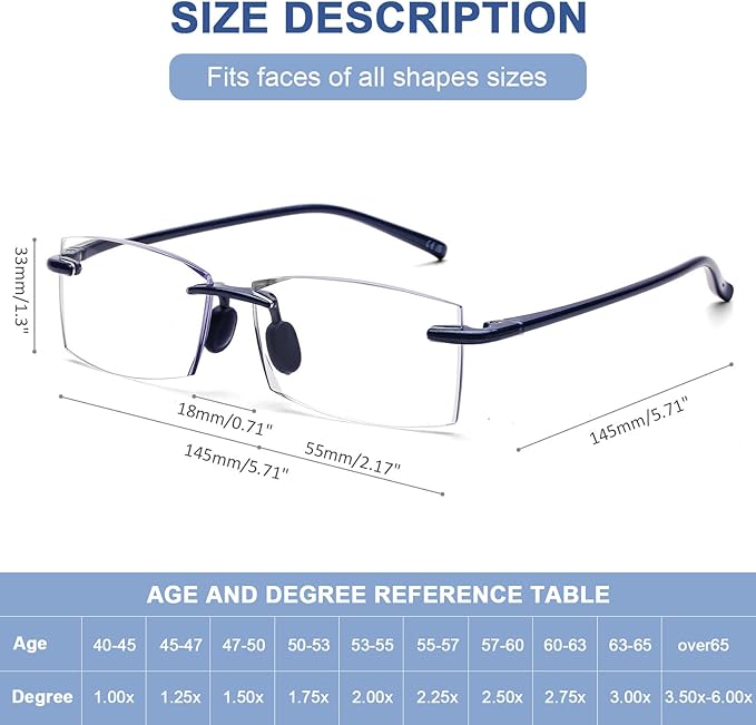 AQWANO Frameless Reading Glasses Blue Light Blocking Rimless Computer TR90 Ultralight unbreakable Reader Anti-reflective for Men Women Eyeglasses,2.25