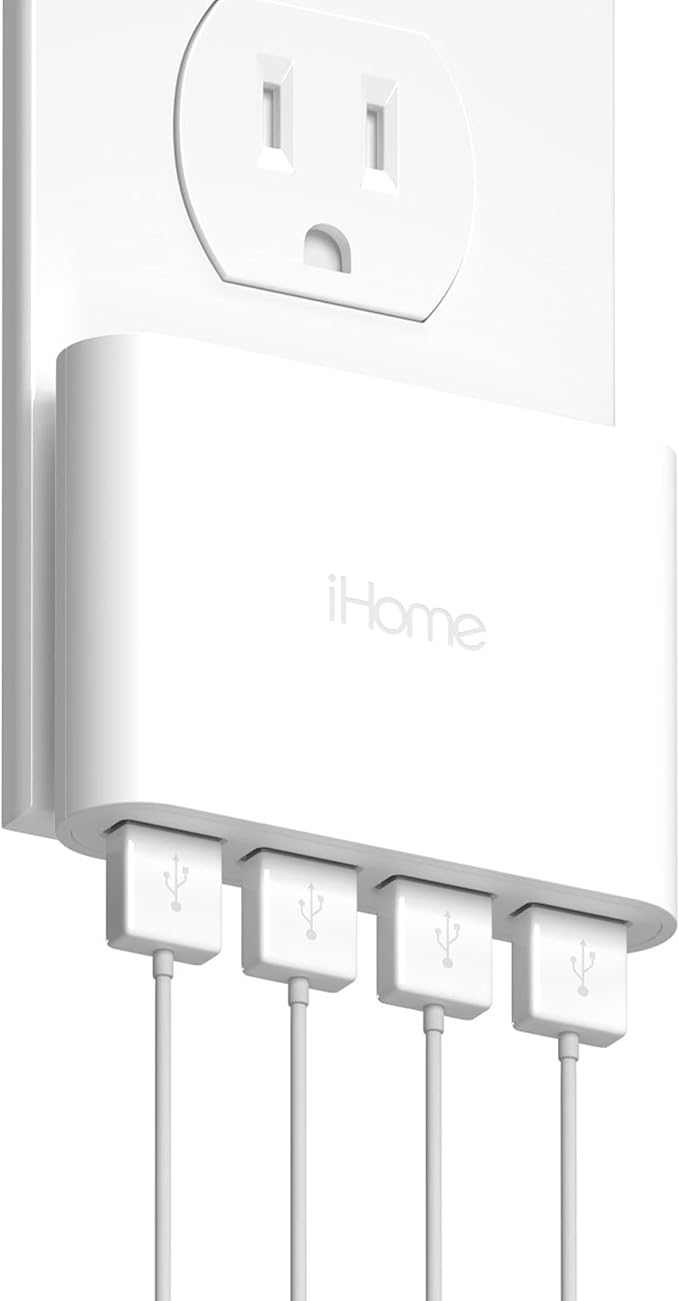iHome Slim 4-Port USB Wall Charger, AC Pro Multiport Plug Adapter, Phone Charging Block with 4 Ports, Flat USB Wall Adapter for Home & Travel