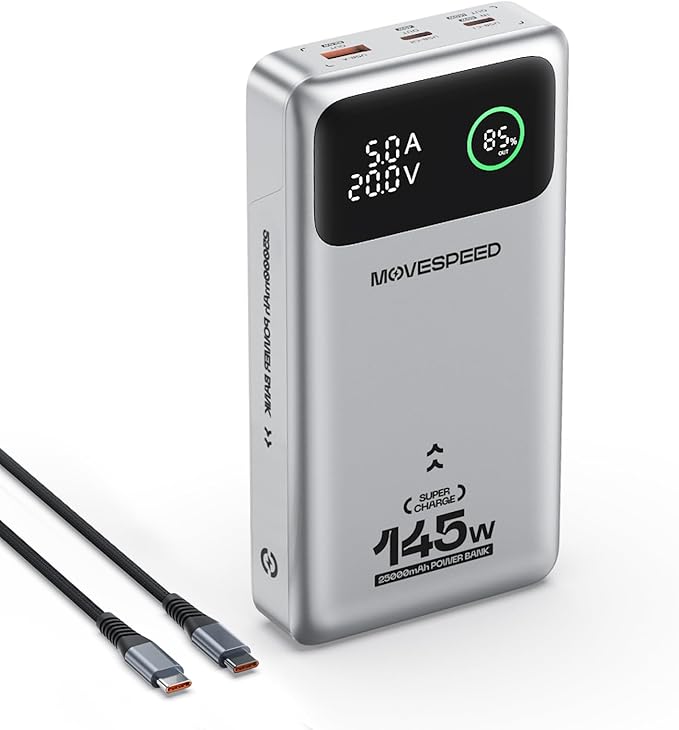 MOVE SPEED 145W Laptop Power Bank, PD 3.1 25,000mAh Fast Charging Portable Charger with 240W Type C Cable, USB C 3-Port with Digital Display Travel Outdoor Charger for iPhone, Dell, MacBook, Galaxy