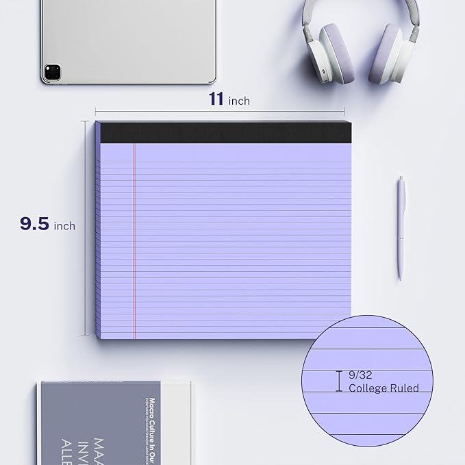 3 Pack Wide Legal Pads 11" x 9.5" (Landscape Format) Purple College Ruled Note Pad Narrow Ruled 30 Sheets per Notepad Perforated Writing Paper with Thick Backboard Horizontal Pads of Paper