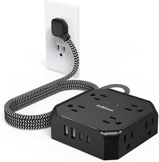 Power Strip Surge Protector - 8 Outlets with 4 USB (2 USB C) Charging Ports,JcBlaon Multi Ultra Thin Flat Plug Outlet Adapter with 5Ft Braided Extension Cord for Home, Office, Dorm,Travel Essentials