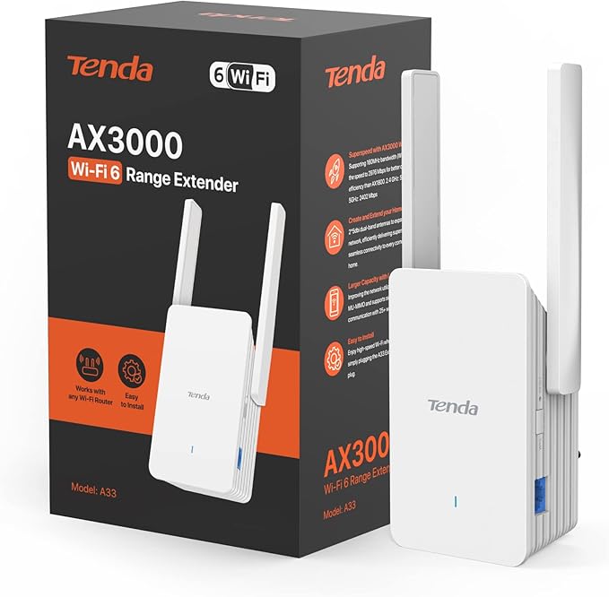 Tenda WiFi 6 Extender, AX3000 Dual Band WiFi Extender Signal Booster with Gigabit Ethernet Port, Home Internet Extender WiFi Booster, AP Mode, WPS Easy Setup(A33)