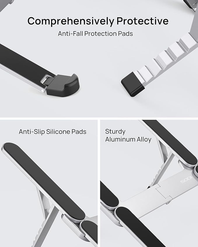 【Innovative & Ultra Compact】SODI Foldable Laptop Stand for Desk, Lightweight Portable Tablet Holder for Business Travel, Cafe, 6 Level Height Adjust Computer Holder for MacBook, Tablet 10-16", Silver