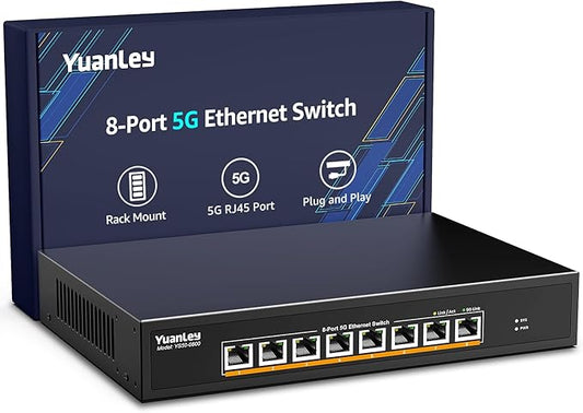 YuanLey 8-Port 5G Ethernet Switch, 8 x 5Gbps RJ45 Ports, Support 5G/2.5G/1G/100Mbps Speed Auto-Negotiation, 80Gbps Switching Capacity, Unmanaged Switch Rackmountable, Plug and Play