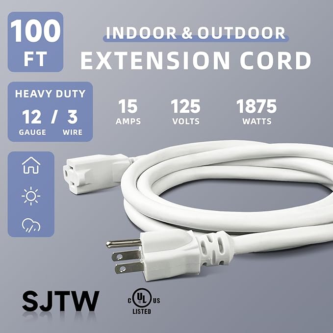 EP 100 Ft Outdoor Extension Cord, 12/3 SJTW Heavy Duty Extension Cable with 3 Prong Grounded Plug, 15 AMP Power Cord for Lawn, Garden, Appliances, White