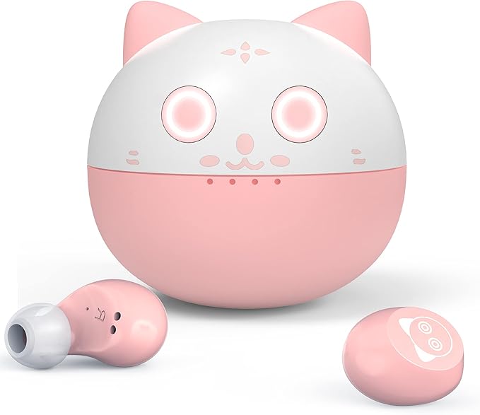 Pink Bluetooth Earbuds,Cute Cat Wireless Headphones for Girls Kids Women 36H Play Time IPX6 Waterproof Ear budsLED Display HiFi 3D Stereo Earphones for Sport Workout Travel