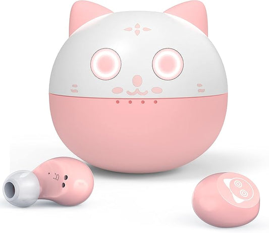 Pink Bluetooth Earbuds,Cute Cat Wireless Headphones for Girls Kids Women 36H Play Time IPX6 Waterproof Ear budsLED Display HiFi 3D Stereo Earphones for Sport Workout Travel