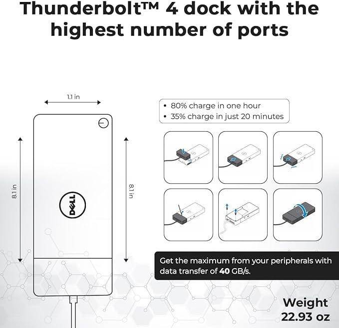 WD22TB4 Dell Docking Station Thunderbolt 4 Dock, 180W AC Adapter, HDMI Cable, DisplayPort Cable, USB-C Cable, Dell Docking Station (Renewed)