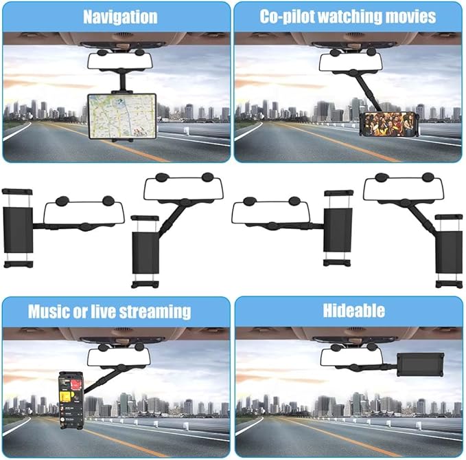 Car Rear View Mirror Phone Holder Tablet Mount for 4-13" iPad & Cell Phone, 360° Rotatable Retractable Car Truck Holder Rearview Mount for iPad Pro 12.9 Air Mini, Galaxy Z Fold 4 3, iPhone etc