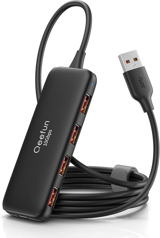 Qeefun 10Gbps USB 3.2 Hub with 4 USB A Data Ports, USB 3.2 Gen 2 Splitter, 4ft Extended Long Cable and Type-C Power Port, USB multiport Adapter for pc, Laptop, iMac, Mac mini, Dell XPS and More