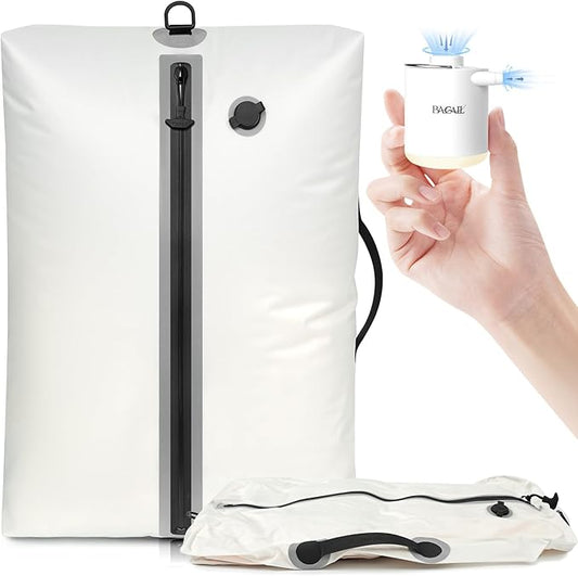 BAGAIL TPU Vacuum Bag for Travel, Reusable Compression Bag with IPX8 Waterproof Zipper, Save Space for Suitcase, Backpack and Carry on (White, Large, With Pump)